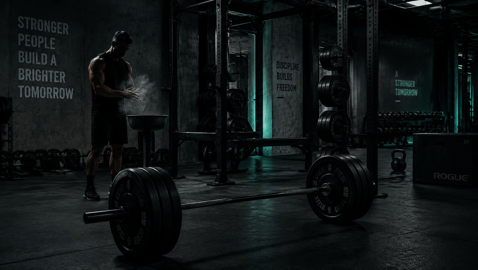 Athlete chalking up beside a loaded barbell on the Platform training floor